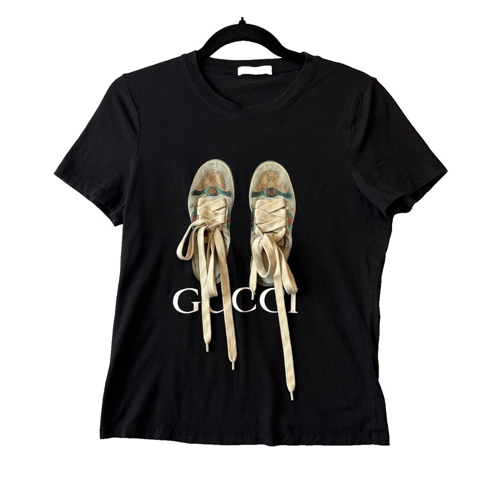 Maybe Wang Gucci Style Sneaker Graphic Tee Black 3D Real Shoelace Streetwear L